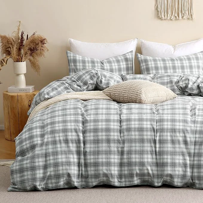 Top-Quality TOCOMOA Plaid Duvet Cover Set Washed Cotton Like Linen Feel Super Soft Comfy 3 Piece Grey and Green Gingham Checkered Bedding Comforter Cover Set Queen 90 quot x90 quot Comforter Not Included Exceptional