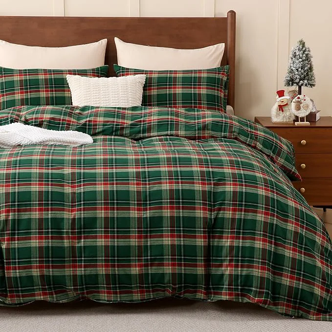 Breathable TOCOMOA Christmas Plaid Duvet Cover Set Washed Cotton Like Linen Feel Super Soft Comfy 2 Piece Green Red Gingham Checkered Bedding Comforter Cover Set Twin 68 quot x90 quot Comforter Not Included Specialty