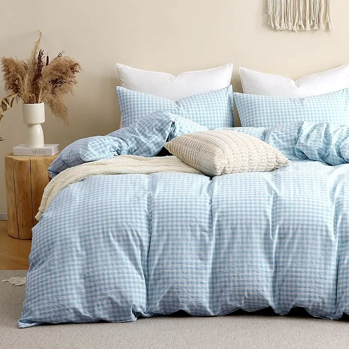 Efficient TOCOMOA Light Blue Gingham Duvet Cover Bedding Set Washed Cotton Like Linen Feel Super Soft Comfy 3 Piece Vintage Plaid Checkered Comforter Cover Set Queen 90 quot x90 quot Comforter Not Included Authentic