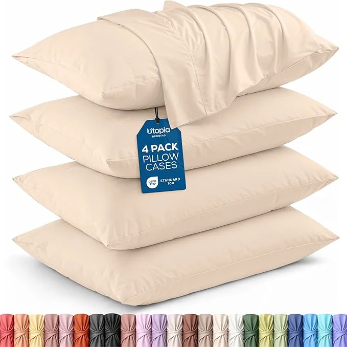 Official Utopia Bedding King Pillow Cases – 4 Pack – Envelope Closure – Soft Brushed Microfiber Fabric – Shrinkage and Fade Resistant Pillow Covers King Size 20 X 40 Inches King Beige First-Class