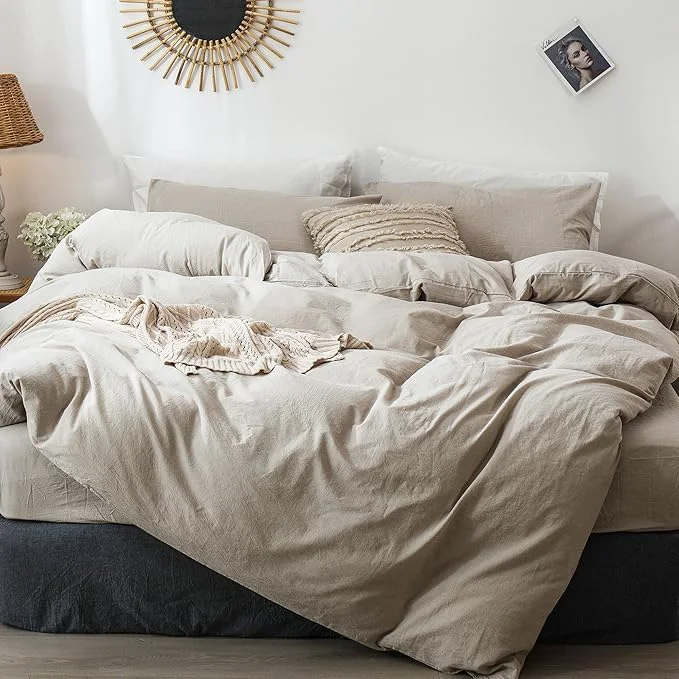 Classic MooMee Bedding Duvet Cover Set Washed Cotton Linen Like Textured Breathable Durable Soft Comfy Heathered Tannish Linen Grey Super King 108 quot x98 quot Natural