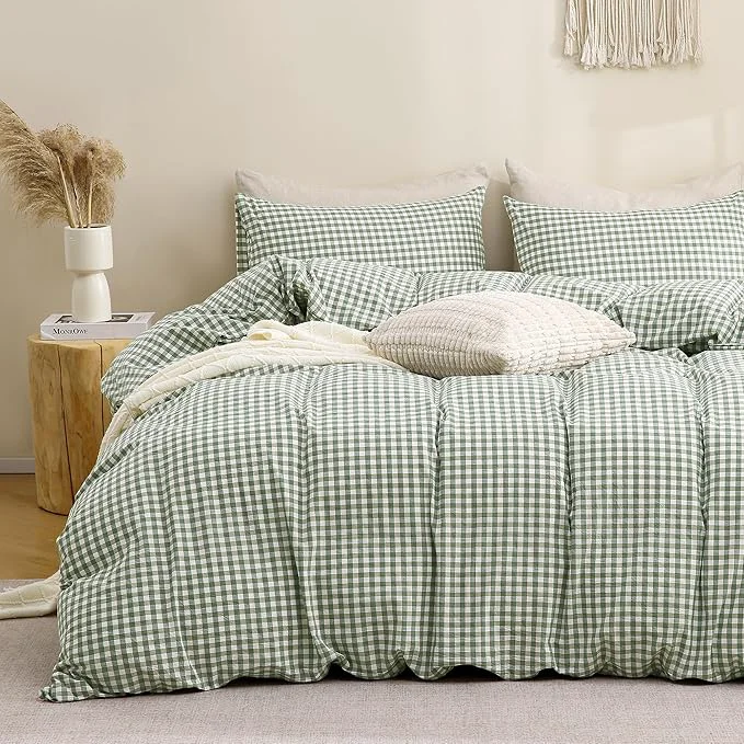 Optimized TOCOMOA Green Gingham Duvet Cover Bedding Set Washed Cotton Like Linen Feel Super Soft Comfortable 3 Piece Plaid Checkered Comforter Cover Set California King 104 quot x98 quot Comforter Not Included High-Performance