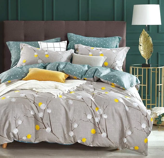 Functional SLEEPBELLA Duvet Cover Queen 600 Thread Count Cotton Grey Branch with Yellow Turquoise Polka Dot Pattern Green Reversible Comforter Cover Queen Grey Branch Fashionable