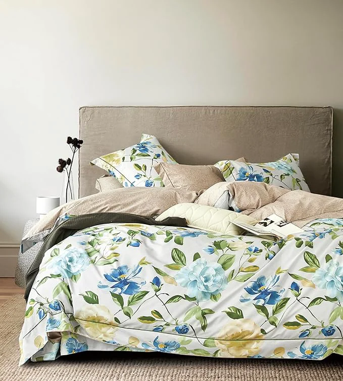 Fashionable SLEEPBELLA Duvet Cover King 600 Thread Count Cotton 3pcs Bedding Set Blue Flowers and Green Leaves Printed on White Reversible Comforter Cover Crafted
