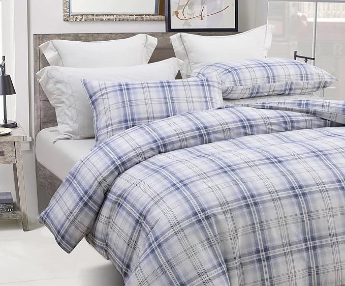Relaxed SLEEPBELLA Blue White Grid Duvet Cover Set Cotton Bedding Buffalo Plaid Geometric Checker Pattern with Button Closure 3pcs Queen Size Premium Material