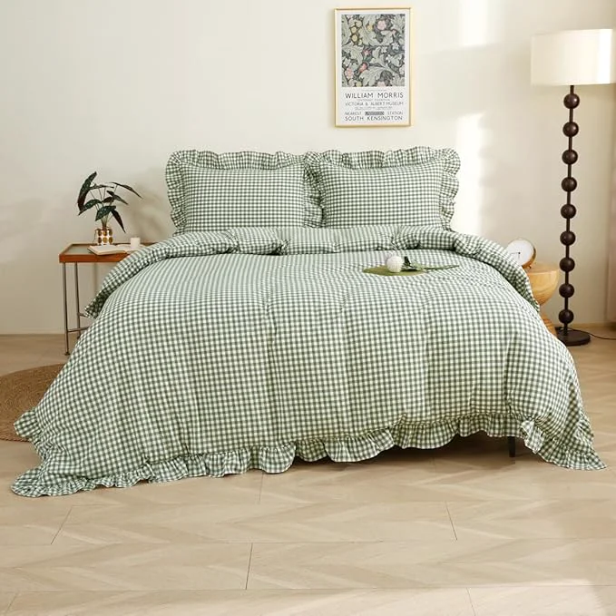 Certified Sage Green White Plaid Ruffle Duvet Cover Queen Size Washed Cotton 3 Pcs Vintage Checkered Chic Gingham Farmhouse Bedding Set Comforter Cover Set Clean