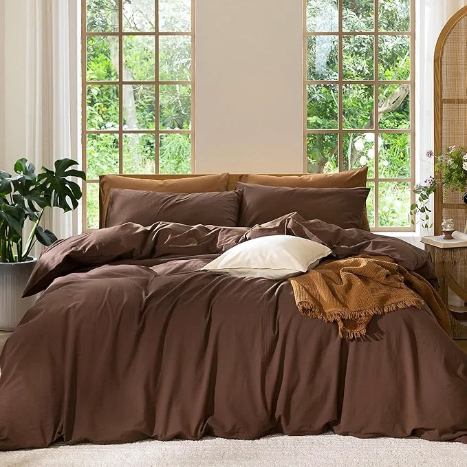 User-Friendly MooMee Bedding Duvet Cover Set Washed Cotton Linen Like Textured Breathable Durable Soft Comfy Solid Cocoa Brown Twin 68 quot x90 quot Smart