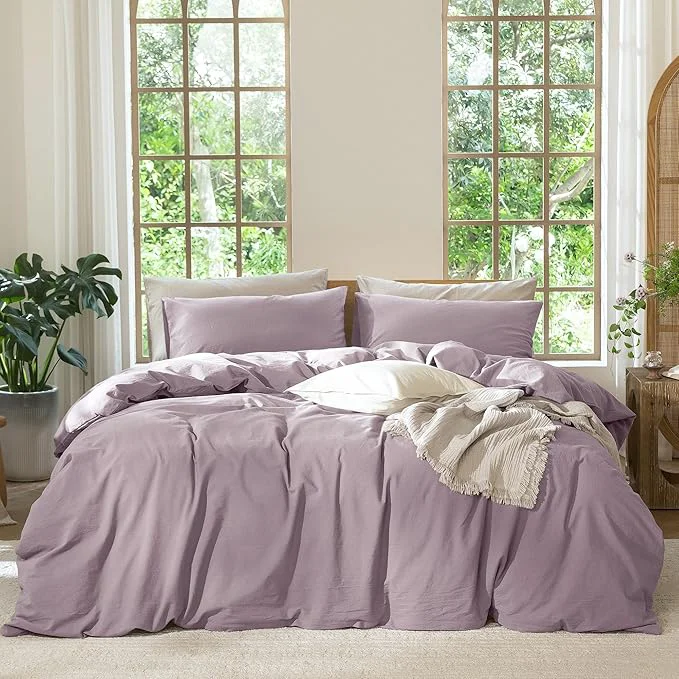 High-Performance MooMee Bedding Duvet Cover Set Washed Cotton Linen Like Textured Breathable Durable Soft Comfy Solid Taro Purple Super King 108 quot x98 quot Elegant