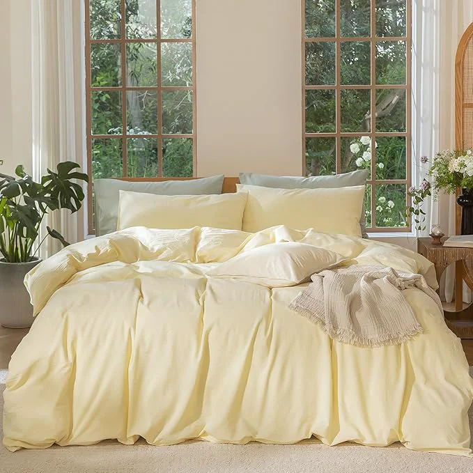 Comfortable MooMee Bedding Duvet Cover Set Washed Cotton Linen Like Textured Breathable Durable Soft Comfy Heathered Butter Yellow Twin 68 quot x90 quot Stylish
