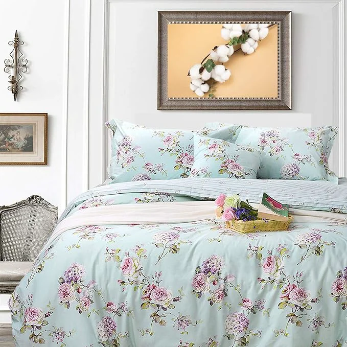 Smart FADFAY Cotton Duvet Cover Set Full Size Blue Floral Bedding Set Super Soft Purple Hydrangea Flower Print Reverse to Striped Zipper Bed Cover French Countryside Girls Bedding 3 Pcs Full Selected