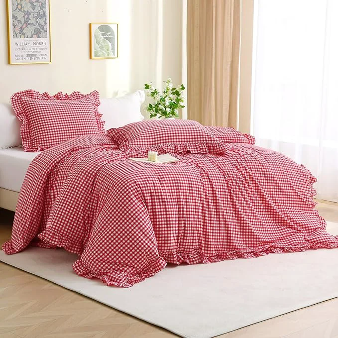 Environmentally Friendly Red White Checkered Ruffle 3-Piece Duvet Cover Set King Size Washed Cotton Shabby Gingham Plaid Bedding Set Farmhouse Comforter Set King Red Official