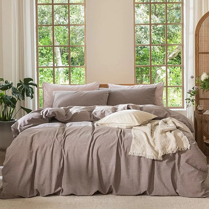 Natural MooMee Bedding Duvet Cover Set Washed Cotton Linen Like Textured Breathable Durable Soft Comfy Heathered Mauve Brown Palatial King Oversized King 120 quot x98 quot Flexible