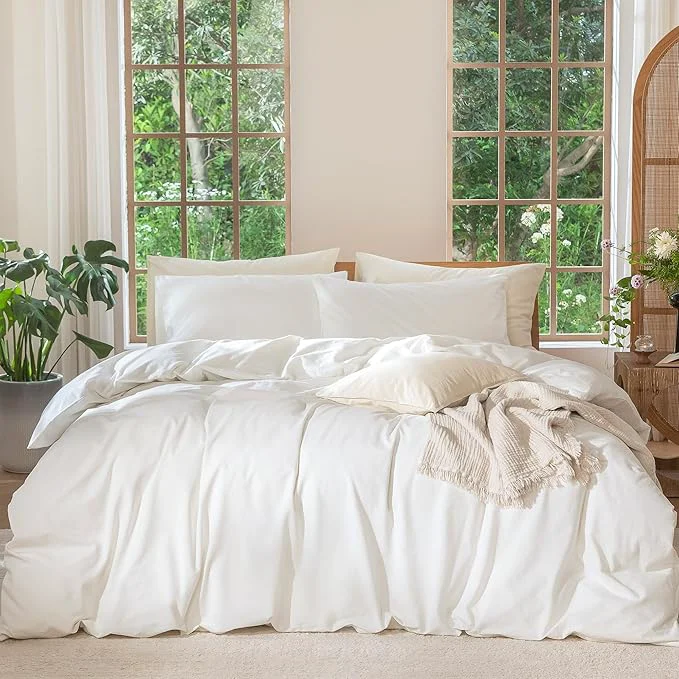Green MooMee Bedding Duvet Cover Set Washed Cotton Linen Like Textured Breathable Durable Soft Comfy Solid Off White Super King 108 quot x98 quot Sophisticated