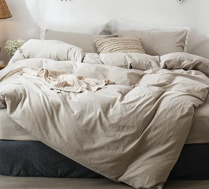 World-Class MooMee Bedding Duvet Cover Set Washed Cotton Linen Like Textured Breathable Durable Soft Comfy Heathered Tannish Linen Grey Full 80 quot x90 quot Clean