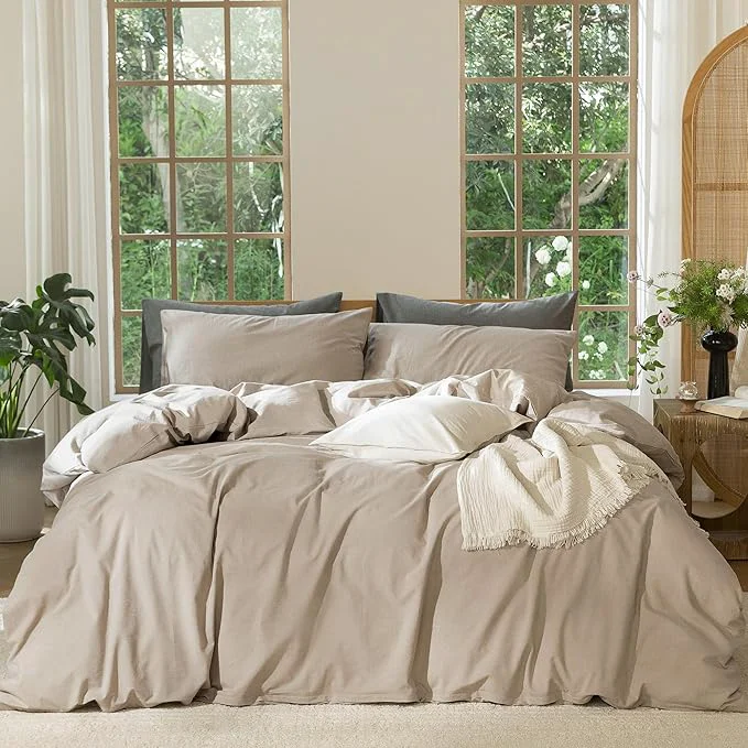 Next-Generation MooMee Bedding Duvet Cover Set Washed Cotton Linen Like Textured Breathable Durable Soft Comfy Heathered Taupe Oversized Queen 98 quot x98 quot Dependable