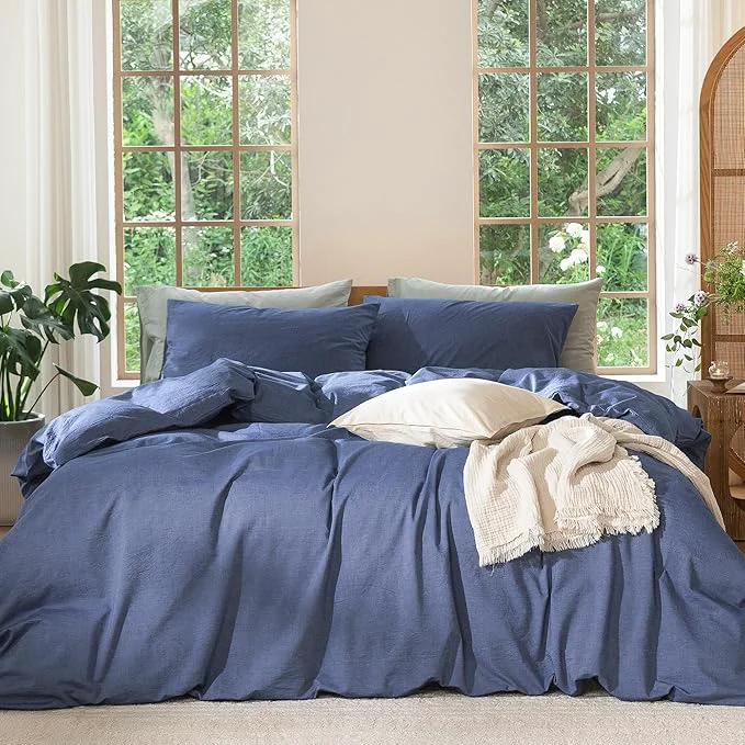 Optimized MooMee Bedding Duvet Cover Set Washed Cotton Linen Like Textured Breathable Durable Soft Comfy Heathered Blue Super King Plus 120 quot x120 quot Efficient