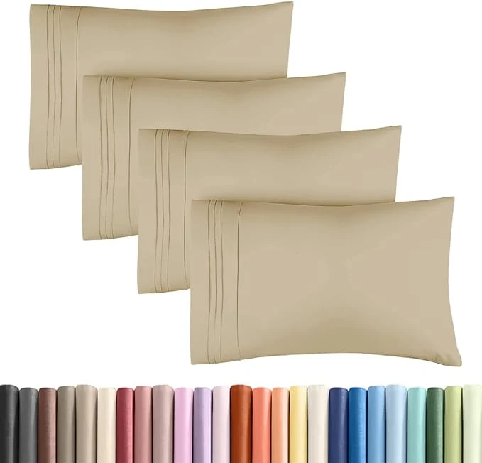 Minimalist King Standard Pillow Cases Set of 4 – Soft Hotel Quality Pillowcase Covers – Comfy Bedding for Women Men Kids amp Teens – Machine Washable Pillow Protectors – 4 Piece Set – King Standard Size Beige Original Design