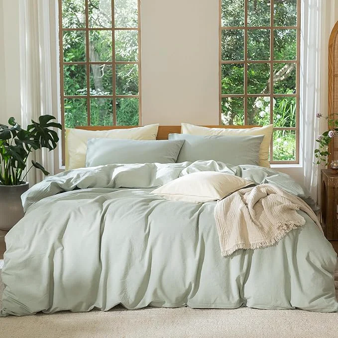 Carefully Designed MooMee Bedding Duvet Cover Set Washed Cotton Linen Like Textured Breathable Durable Soft Comfy Heathered Sage Green Full 80 quot x90 quot Lightweight