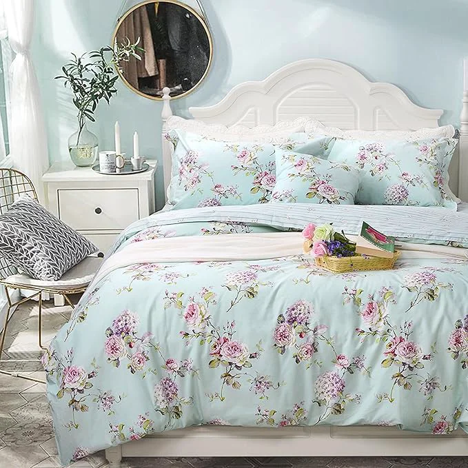 High-Quality FADFAY Floral Duvet Cover Queen Cotton Blue Green Farmhouse Bedding Super Soft Reversible Striped French Country Bed Cover Purple Hydrangea and Peony Print Zipper Comforter Cover 3 Pieces Excellent