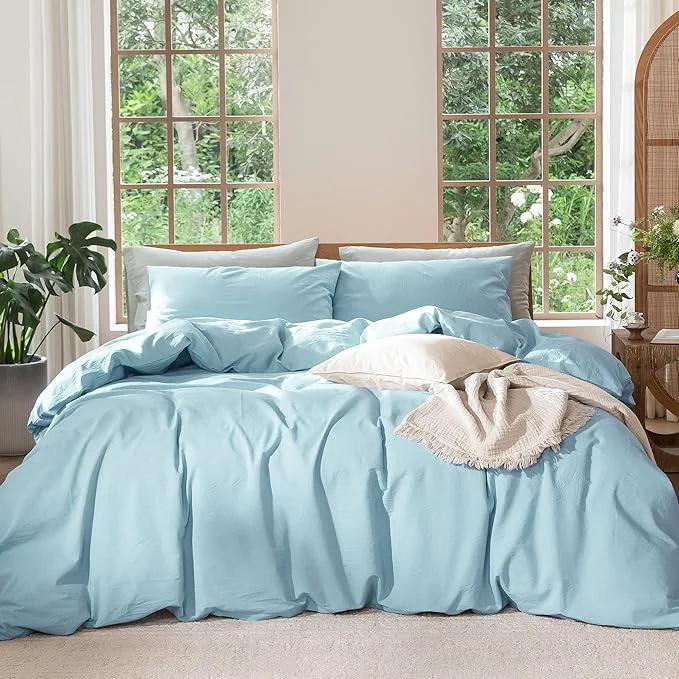 Contemporary MooMee Bedding Duvet Cover Set Washed Cotton Linen Like Textured Breathable Durable Soft Comfy Heathered Light Blue King 104 quot x90 quot Authentic