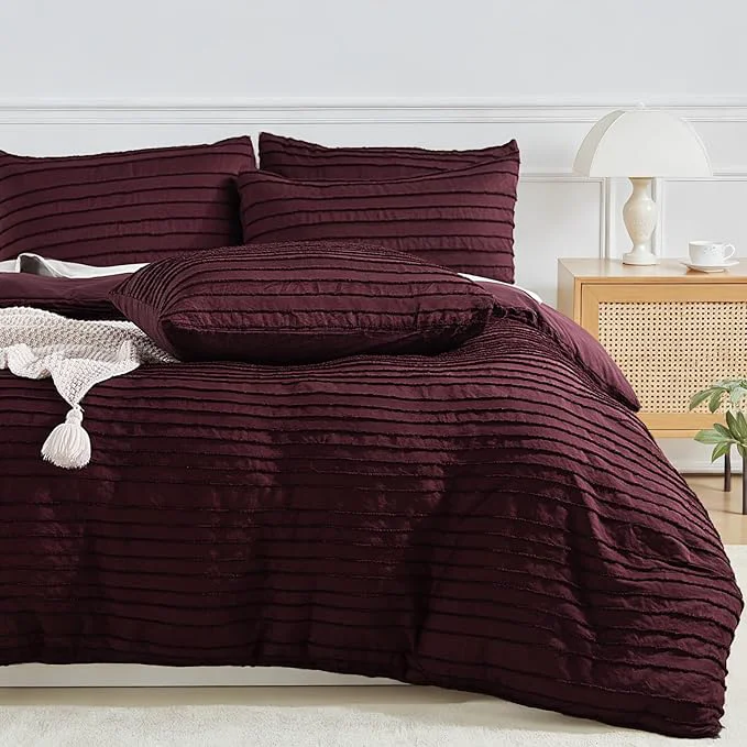 Smart NEXHOME PRO Duvet Cover King 3 Pieces Boho Tufted Duvet Cover Set Soft and Lightweight Washed Microfiber Comforter Cover Set for All Season Burgundy 104 x 90 -No Comforter Effective
