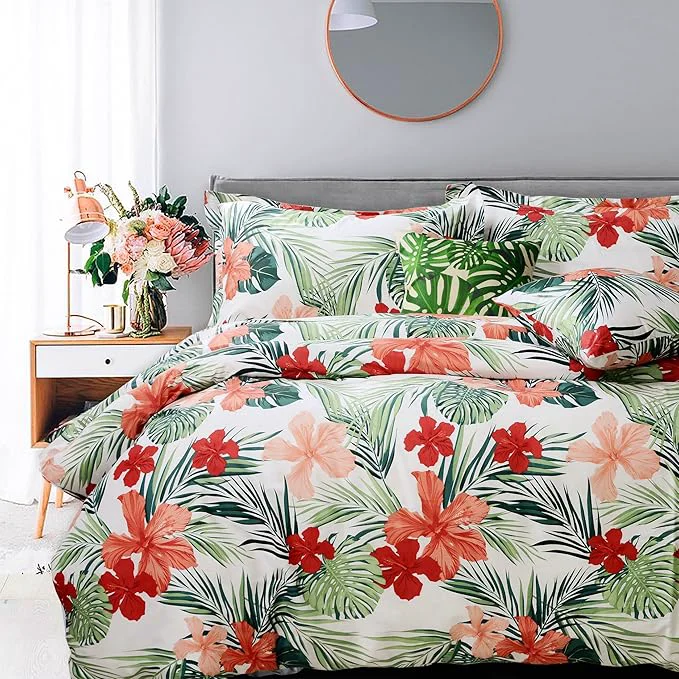 Recyclable FADFAY Tropical Red Hibiscus Palm Leaves Duvet Cover Set Exotic Plants Bedding Super Soft Cotton 1 Duvet Cover amp 2 Pillow Shames Twin Size First-Class