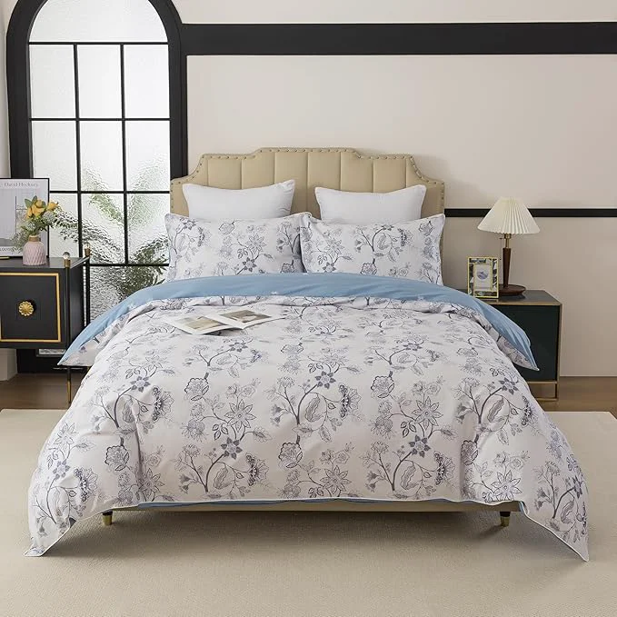 Enhanced FADFAY Duvet Cover Set Queen Floral Bedding Percale Cotton 600 TC Classical Toile Luxury Reversible Light Blue Shabby Vintage Farmhouse Bedding Minimalist Chic Comforter Cover Soft Breathable 3Pcs Genuine
