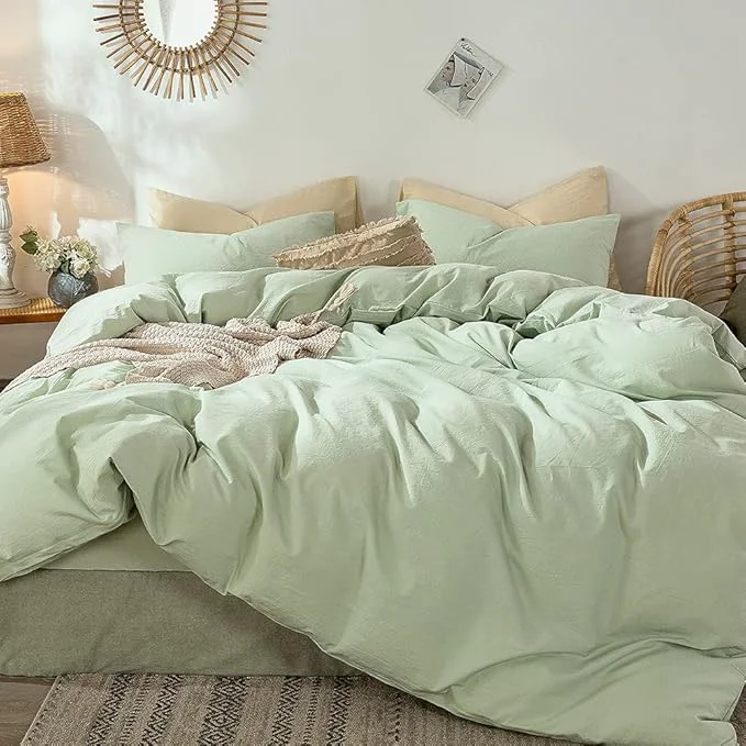 Stylish MooMee Bedding Duvet Cover Set Washed Cotton Linen Like Textured Breathable Durable Soft Comfy Heathered Seaglass Green Queen 90 quot x90 quot Exclusive
