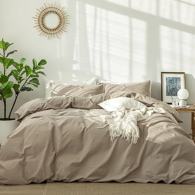 Natural MooMee Bedding Duvet Cover Set Washed Cotton Linen Like Textured Breathable Durable Soft Comfy Solid Light Camel Twin 68 quot x90 quot Modern