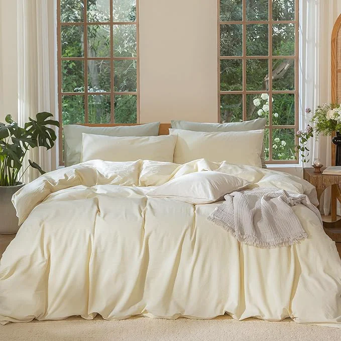 Fine Crafted MooMee Bedding Duvet Cover Set Washed Cotton Linen Like Textured Breathable Durable Soft Comfy Solid Cream Queen 90 quot x90 quot First-Class