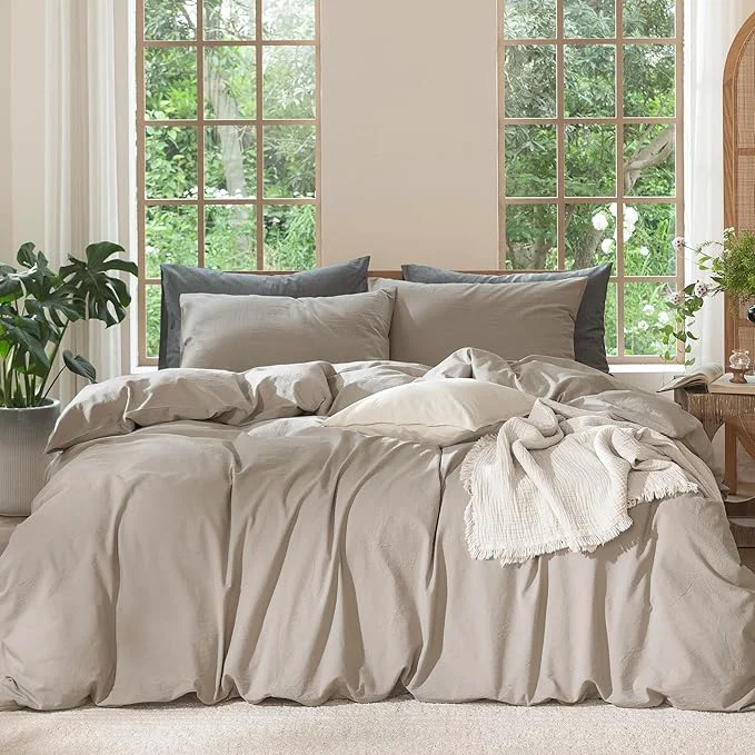 Clean MooMee Bedding Duvet Cover Set Washed Cotton Linen Like Textured Breathable Durable Soft Comfy Solid Light Tan Twin 68 quot x90 quot Original