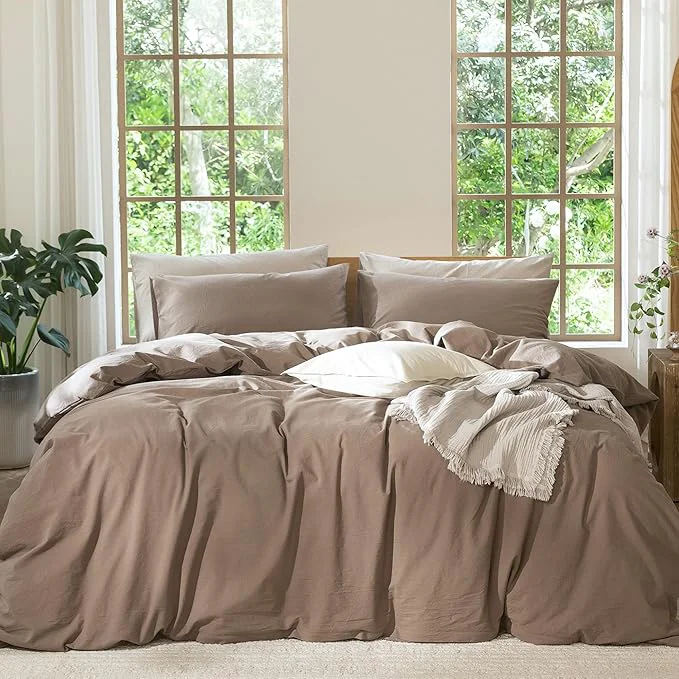 Organic MooMee Bedding Duvet Cover Set Washed Cotton Linen Like Textured Breathable Durable Soft Comfy Solid Brown Palatial King Oversized King 120 quot x98 quot Original