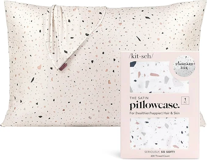 Solid Kitsch Satin Pillowcase with Zipper for Hair amp Skin – Softer Than Silk Pillow Cases Smooth Cooling Satin Pillow Case Wrinkle- Machine Washable Pillow Cases Standard Size 19×26 White Terrazzo Convenient