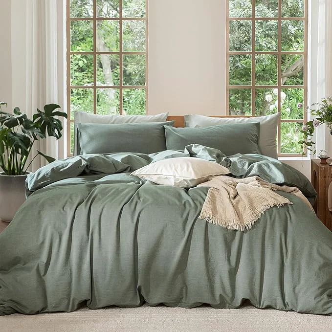 Prestigious MooMee Bedding Duvet Cover Set Washed Cotton Linen Like Textured Breathable Durable Soft Comfy Heathered Green King 104 quot x90 quot Classic