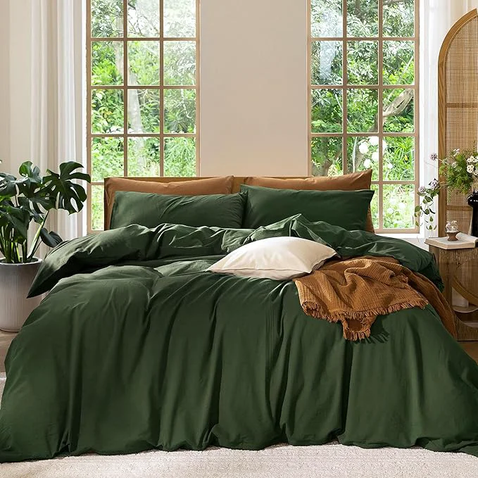 Optimized MooMee Bedding Duvet Cover Set Washed Cotton Linen Like Textured Breathable Durable Soft Comfy Solid Forest Green Alaska King 132 quot x120 quot Casual
