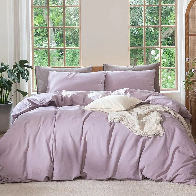 Solid MooMee Bedding Duvet Cover Set Washed Cotton Linen Like Textured Breathable Durable Soft Comfy Heathered Light Purple Cal King 104 quot x98 quot Sustainable