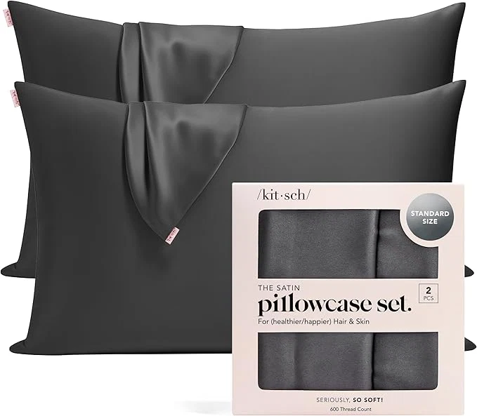 Clean Kitsch Satin Pillowcase with Zipper for Hair amp Skin – Softer Than Silk Pillow Cases Smooth Cooling Satin Pillow Case Wrinkle- Machine Washable Pillow Cases Standard Size 19×26 – Charcoal 2pc Luxury