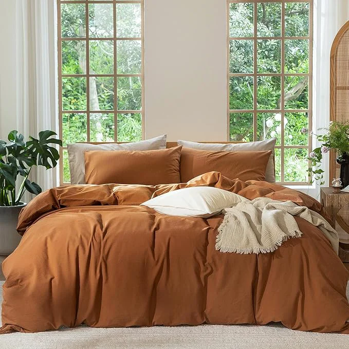 Trendy MooMee Bedding Duvet Cover Set Washed Cotton Linen Like Textured Breathable Durable Soft Comfy Solid Dark Orange Oversized King Plus 128 quot x120 quot Crafted