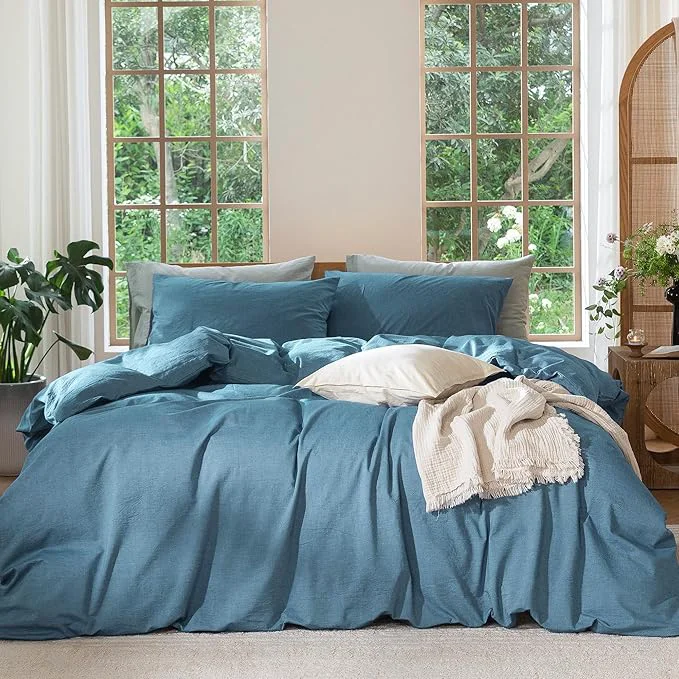 Pure MooMee Bedding Duvet Cover Set Washed Cotton Linen Like Textured Breathable Durable Soft Comfy Heathered Peacock Blue Palatial King Oversized King 120 quot x98 quot Functional