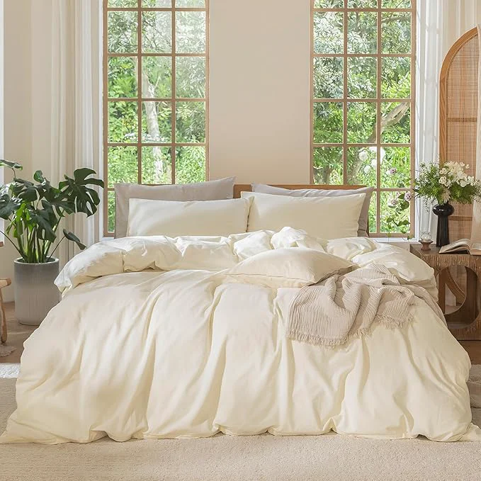Certified MooMee Bedding Duvet Cover Set Washed Cotton Linen Like Textured Breathable Durable Soft Comfy Solid Cream White King 104 quot x90 quot Artisan