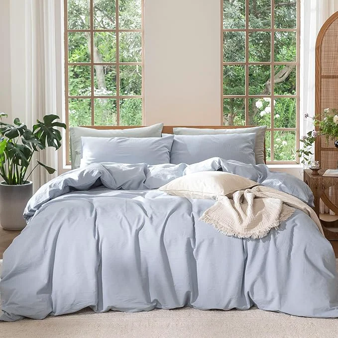 Artisan MooMee Bedding Duvet Cover Set Washed Cotton Linen Like Textured Breathable Durable Soft Comfy Heathered Cornflower Blue Super King Plus 120 quot x120 quot Official