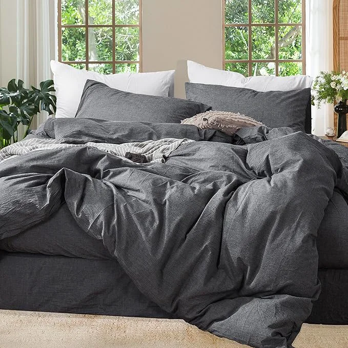 Safe MooMee Bedding Duvet Cover Set Washed Cotton Linen Like Textured Breathable Durable Soft Comfy Heathered Dark Grey Twin 68 quot x90 quot Unique