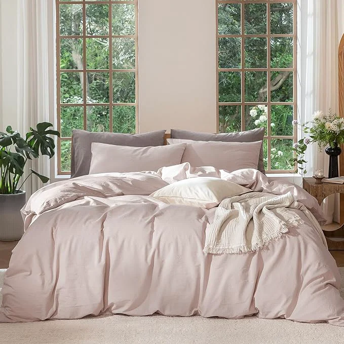 Refined MooMee Bedding Duvet Cover Set Washed Cotton Linen Like Textured Breathable Durable Soft Comfy Heathered Greyish Pink Queen 90 quot x90 quot Smooth