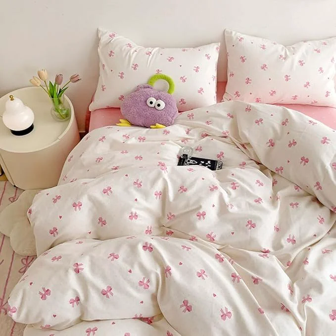 High-End Nayoroom Pink Bow Duvet Cover Full Size Heart Bows Printed Coquette Bedding Set 3 Pcs Kids Girls Cute Comforter Cover with Zipper Closure Soft Breathable Microfiber Next-Generation