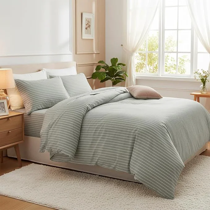 Dependable Nayoroom Green Striped Duvet Cover Queen Size Washed Cotton White Pinstripe Duvet Cover 3 Pieces Soft Breathable Girls Dorm Bedding Set for All Seasons Yarn Dyed Process Practical