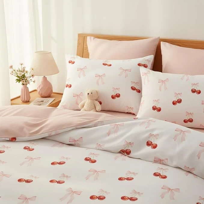 Outstanding Nayoroom Pink Bow Duvet Cover Full Size Reversible Red Cherry Duvet Cover 3 Pieces Soft Lightweight Microfiber Kids Girls Cute Aesthetic Dorm Bedding Set Fine