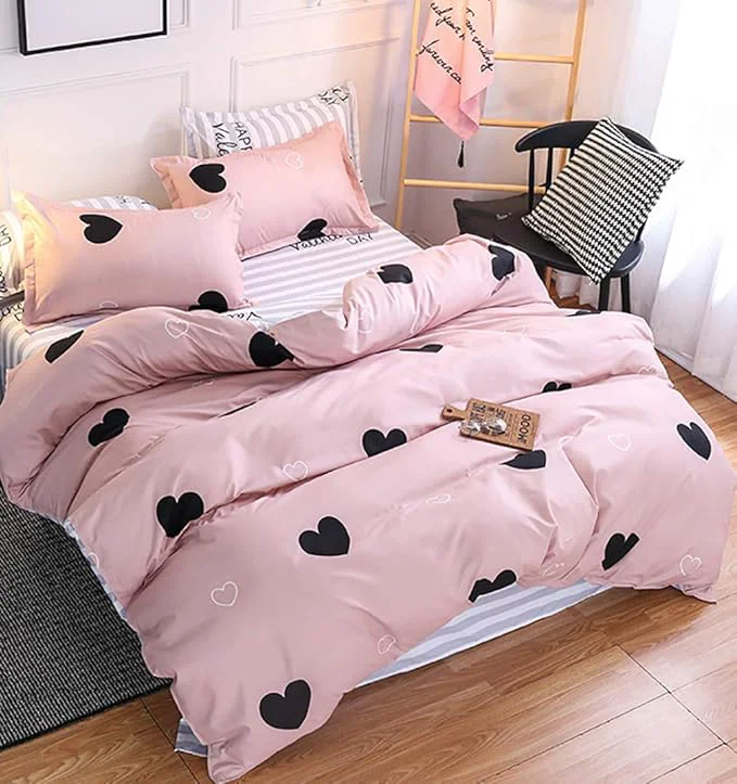 Eco-Friendly Omelas Blush Pink Heart-Shaped Queen Duvet Cover Set Black and Dusty Rose Full Bedding Comforter Cover Reversible Blue White Striped Soft Microfiber Quilt Cover for Kids Girls Teens Women Green