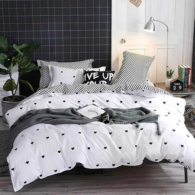Verified Omelas Kids Heart Love Twin Duvet Cover Set Black and White Teens Girls Lovely Heart-Shaped Pattern Striped Reversible Bedding Soft Breathable Quality Brushed Microfiber 3 Pcs XD T Stylish
