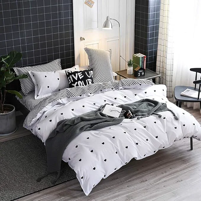 Innovative Omelas Kids Heart Love Queen Duvet Cover Set Black and White Teens Girls Lovely Heart-Shaped Pattern Striped Reversible Full Queen Bedding Soft Breathable Quality Brushed Microfiber 3 Pcs XD Q Genuine