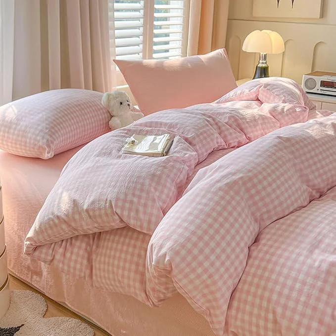 Traditional Nayoroom Gingham Duvet Cover Oversized King Pink White Plaid Checkered Comforter Cover 3 Pcs Soft Breathable Washed Microfiber Grid Farmhouse Bedding Set with Pillow Shams Fine Crafted